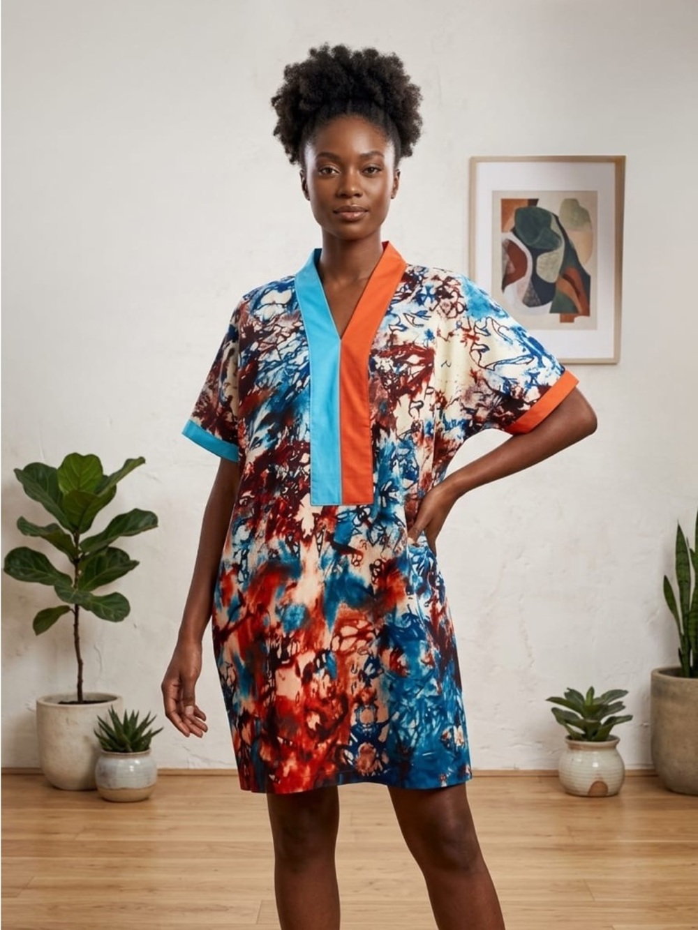 Colorful Abstract Short Kaftan Dress